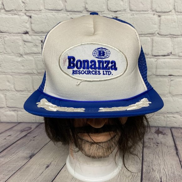 Vintage Trucker Hat Mesh Leaf Cap Snapback Blue White Bonanza Resources - Stain - Picture 1 of 10